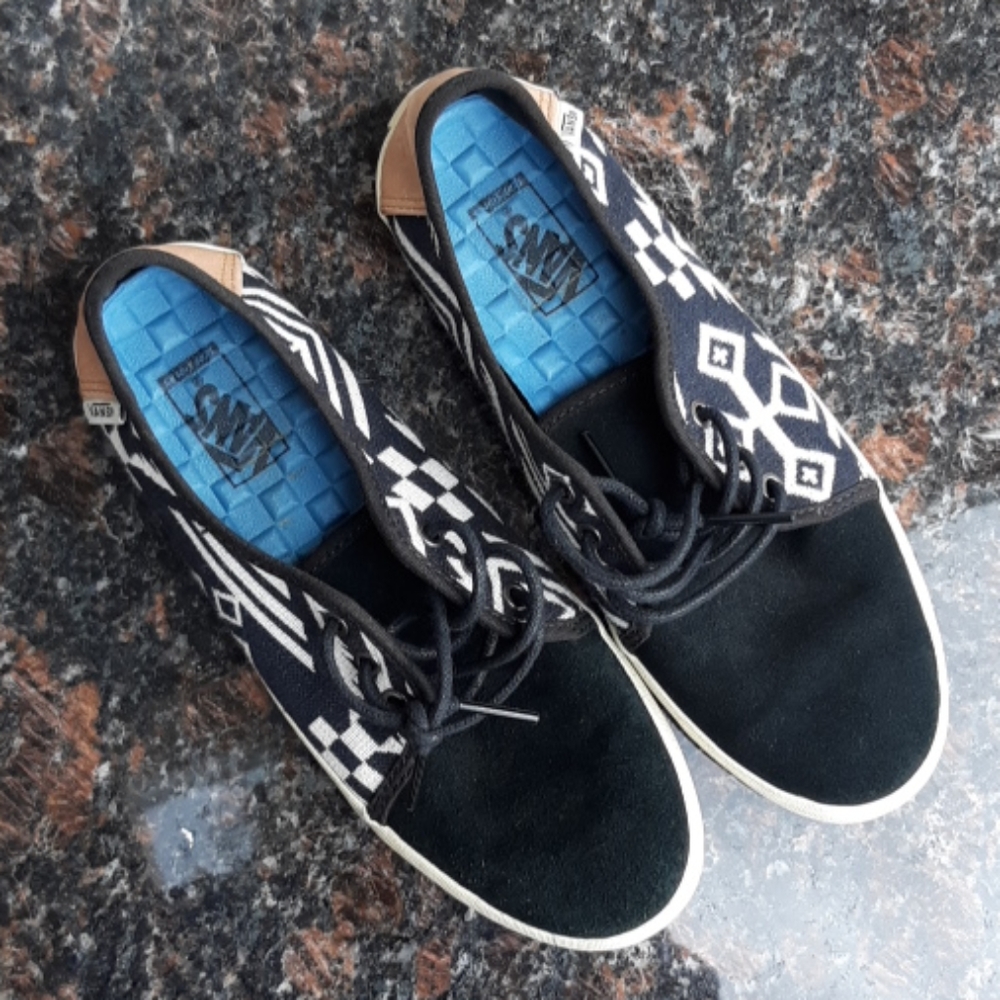 Vans Black White Patterned Sneakers with Blue Insoles